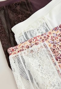 Three pairs of women's panties: dark brown, white with lace accents, and floral-printed fabric. Each features distinct lace textures and patterns.