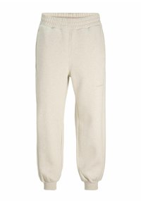 Lys beige sweatpants lavet af blødt materiale, med elastisk talje, ribbede ankler og sidelommer. Enkel, udekoreret design.