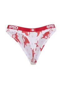 String blanc et rouge avec une ceinture élastique rouge affichant "PSD" et un motif cupidon avec de petits cœurs sur le tissu.