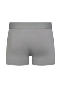 Grey cotton blend boxer shorts with a smooth texture and elastic waistband, featuring a simple design and a snug fit.