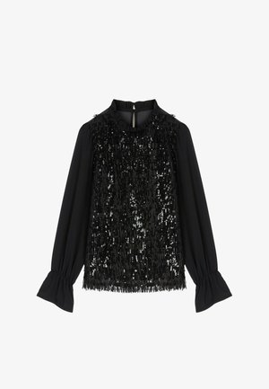 Czarna bluzka z fakturowanym, cekinowym przodem i dopasowanymi rękawami. Posiada falbaniasty kołnierz i marszczone mankiety, tworzące warstwowy wygląd.