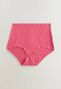 Rosa högmidjad bomulls-trosor med en mjuk textur, bred midjelinje och rundade benöppningar. Inga mönster eller extra beslag.