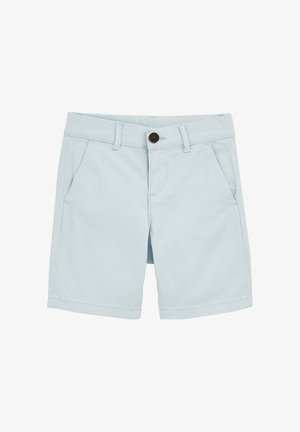 Svetlo modri bombažni šorts z ravnim sprednjim delom, dvema stranskima žepoma in rjavim gumbom za zapiranje. Gladka tekstura z našitki.