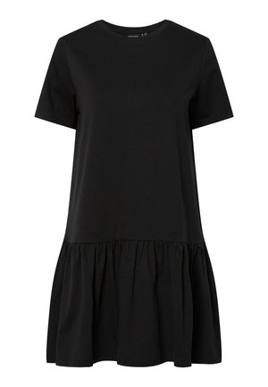 Zwarte jurk met korte mouwen, ronde hals en geplooide volantzoom, knielengte, gemaakt van zachte stof.