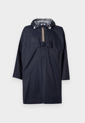 Poncho impermeabile navy con cappuccio, zip verticale e tasca frontale. Caratterizzato da lacci bianchi e accenti a righe sulla zip.