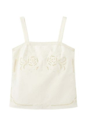 Cremefarbenes ärmelloses Top mit dünnen Trägern, mit bestickten Blumenmustern und Ausschnittdetails vorne sowie an den Rändern.