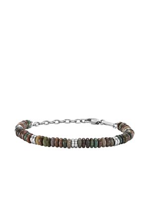 Bracciale con perline rotonde multicolori in pietra e perline separatrici in argento, dotato di una catena regolabile in argento e chiusura a moschettone.
