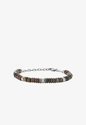 Bracelet avec perles rondes multicolores en pierre et perles intercalaires en argent, doté d'une chaîne argentée ajustable et d'une fermeture à mousqueton.