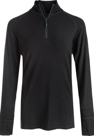 Black long-sleeve pullover with a quarter-zip collar, featuring flatlock seams and a lightweight, smooth texture.