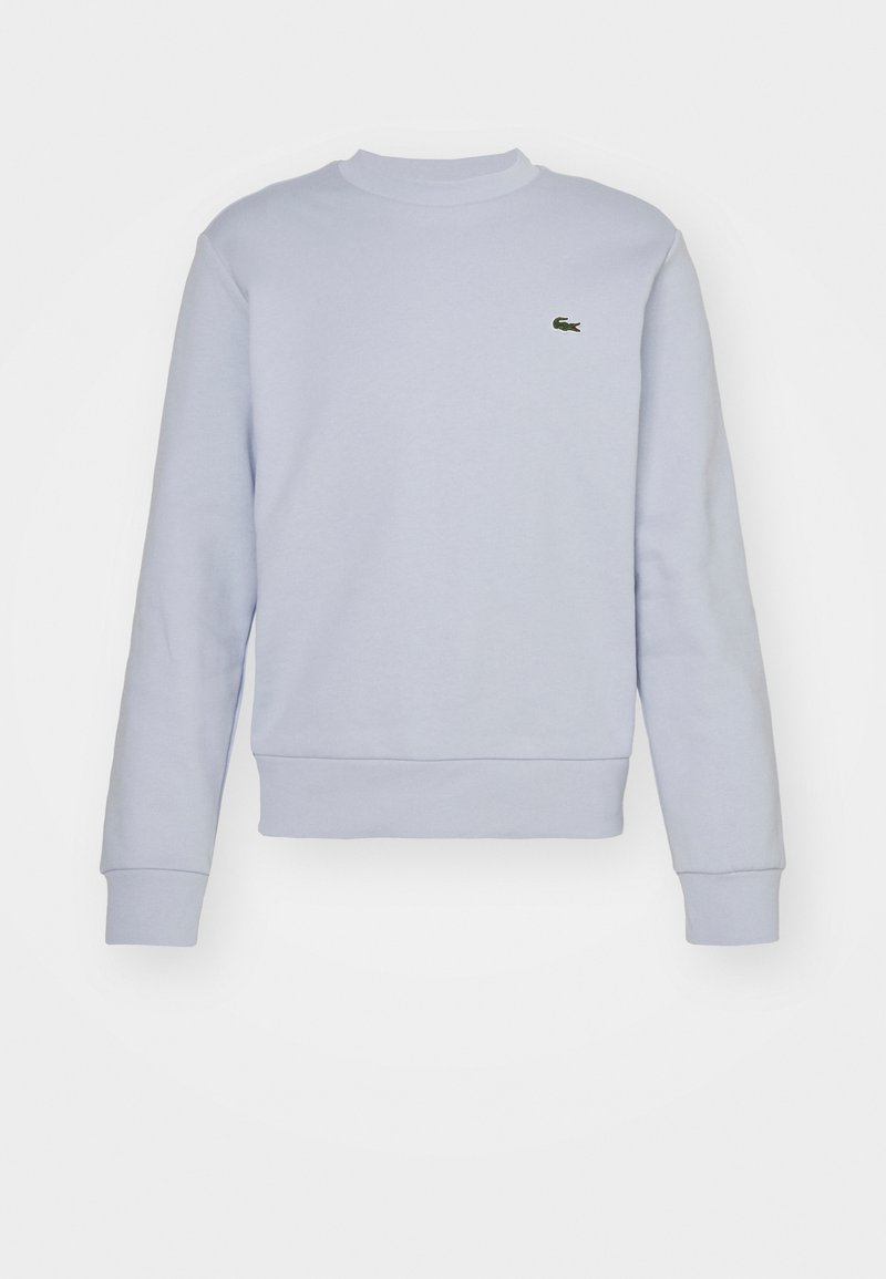 Lichtblauwe sweatshirt met een ronde hals, lange mouwen en geribbelde manchetten. Bevat een klein groen logo op de linker borst. Glad textuur.