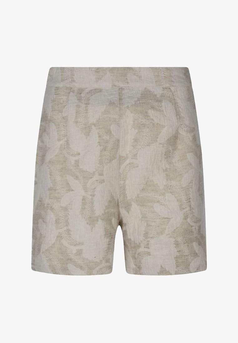 Shorts beige avec un motif jacquard floral subtil, coupe droite et taille élastique, présentés sur un fond uni.