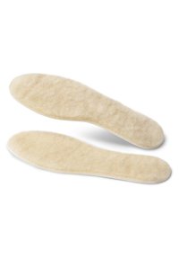 Beige wool insoles featuring a soft, plush texture and rounded edges, designed for comfort and warmth inside footwear.