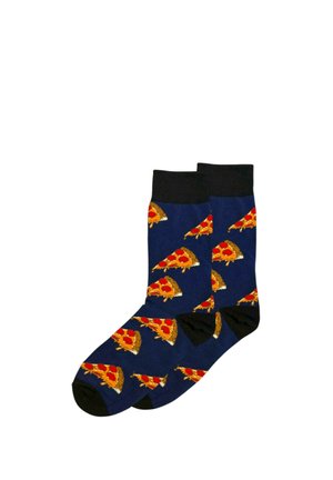 Navyblauwe sokken met zwarte boorden en tenen, bedrukt met meerdere plakjes pepperoni pizza.