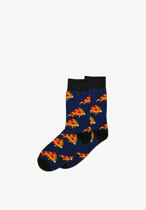 Calzini blu navy con polsini e punte nere, decorati con vari spicchi di pizza al pepperoni.