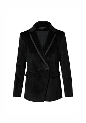 Black velvet blazer with a satin shawl collar, double-button closure, front pockets, and structured design. Smooth texture and tailored fit.