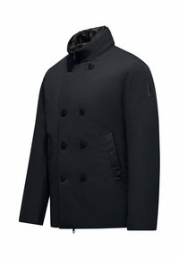 Black double-breasted puffer jacket with a high collar, featuring a zip closure, two side pockets, and a smooth, matte finish.