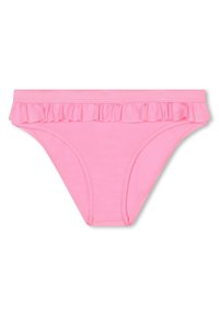 Rosa bikini-bunn med volangliv, glatt stoff og et enkelt, tettsittende design med lavt livsnivå og sømløse sømmer.