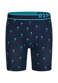 Marine blauwe boxershorts met een herhalend palmbomenpatroon in turquoise en roze, met een contrasterende turquoise tailleband waarop "HAP" staat.