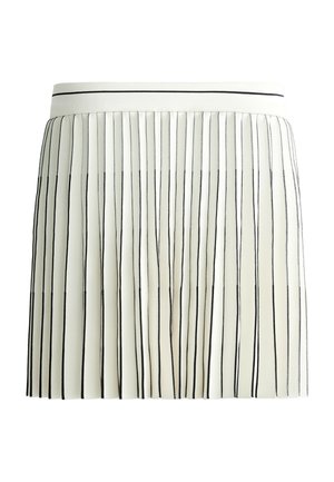 Pleated skirt in white with vertical black stripes, featuring a fitted waistband and lightweight fabric for a structured silhouette.