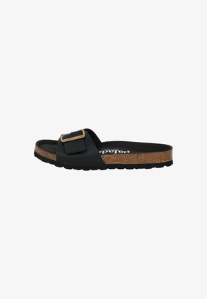 Black slide sandal with a cork footbed, featuring a wide strap and a rectangular metallic buckle. Textured rubber sole for grip.