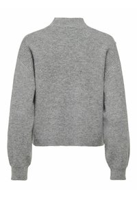 Pull gris en maille à manches longues avec col montant et poignets côtelés, présenté de dos sur fond blanc uni.