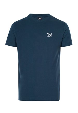 Marineblaue Baumwoll-T-Shirt mit kurzen Ärmeln, Rundhalsausschnitt und einem weißen Grafikmotiv von gekreuzten Paddeln auf der linken Brust.