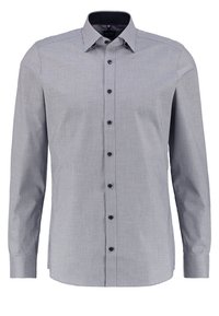 Langärmliges Button-up-Hemd im hellblauen und weißen Karomuster. Mit einem Kentkragen, schwarzen Knöpfen und einem glatten Baumwollmischgewebe.