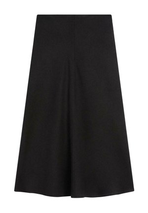 Jupe midi noire en forme de A avec une taille haute et un tissu lisse, présentant une couture centrale verticale sur le devant.