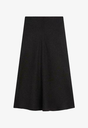 Schwarzer A-Linien-Midirock mit hoher Taille und glattem Stoff, mit einer zentralen Naht, die vertikal vorne verläuft.