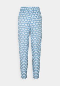 Pantaloni azzurri chiari con motivo floreale ripetuto in bianco e giallo, dotati di una vita elastica e gamba affusolata.