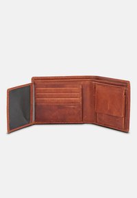 Brown leather wallet with multiple card slots, a transparent ID window, and a coin pocket, featuring a smooth texture and stitching details.