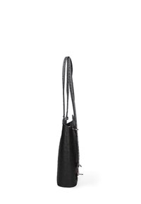 Borsa a tracolla nera in pelle con superficie texturizzata, forma slim e doppi manici piatti. Presenta dettagli in metallo sui lati.