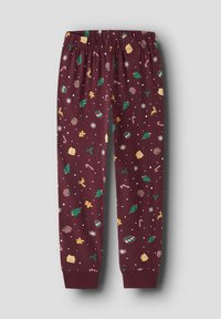 Maroon pajama pants with an elastic waistband, adorned with festive patterns including trees, gingerbread men, and candy canes.