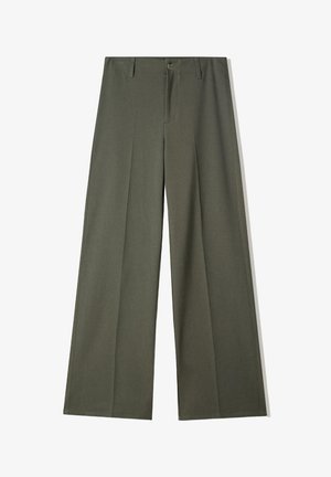 Kalhoty širokých nohavic v olivově zelené barvě, vyrobené z hladké látky, s předními záhyby, bočními kapsami a jediným knoflíkem na pásku.