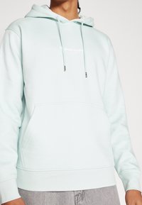 Ljus mintgrön hoodie i mjukt tyg, med en kanguruficka framtill, dragsnören och en vit logga på bröstet.