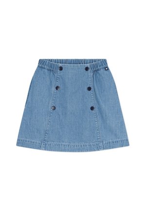 Denim rok met een elastische tailleband, in een lichtblauwe kleur, met een flared ontwerp en vijf zwarte knopen aan de voorkant.