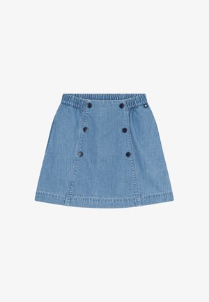 Jupe en denim avec une taille élastique, de couleur bleu clair, au design évasé, et cinq boutons noirs sur le devant.