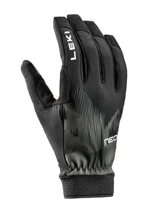 Schwarzer LEKI-Handschuh mit verstärktem Daumen und grafischem Muster auf der Rückseite, entworfen für den Outdoor- oder Sportgebrauch.