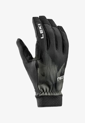 Schwarzer LEKI-Handschuh mit verstärktem Daumen und grafischem Muster auf der Rückseite, entworfen für den Outdoor- oder Sportgebrauch.