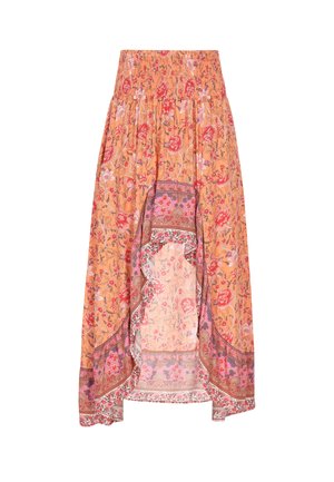 Florale Maxiröhre mit einem gerafften Taillenbund, in Orange mit rosa und roten Blumen sowie kontrastierenden gemusterten Saumdetails.