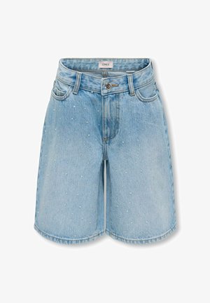 Lichtblauwe denim short met knoop- en ritssluiting, voorzakken, riemlussen en kleine verspreide stras-steentjes.