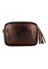 Metalna brončana kozmetička torbica pravokutnog oblika, s teksturiranom površinom i dekorativnom resicom na povlačenju zatvarača.