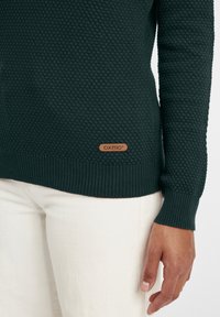 Zielony sweter o teksturowanej strukturze z prążkowanymi mankietami i dolnym wykończeniem, z drewnianą metką z boku. Połączony z jasnymi spodniami.