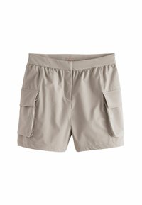 Shorts cargo beige en tissu doux et léger, dotés de deux poches latérales, d'une ceinture élastique et d'une coupe décontractée.