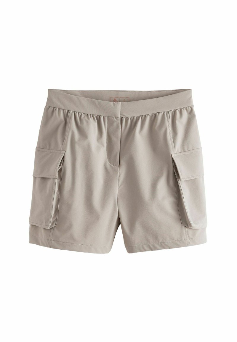 Shorts cargo beige en tissu doux et léger, dotés de deux poches latérales, d'une ceinture élastique et d'une coupe décontractée.