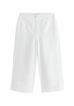 White wide-leg cropped pants with front patch pockets, button closure, and a zipper fly.