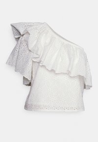 Top bianco con spalle scoperte, dotato di un sovrapposto arricciato, realizzato in tessuto ricamato con motivi floreali a intaglio e una finitura testurizzata.