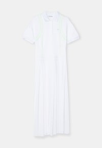 Abito in stile polo bianco con maniche corte, gonna plissettata e dettagli in verde neon lungo le cuciture. Realizzato in tessuto liscio.