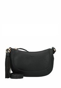 Borsa a tracolla in pelle nera con forma arrotondata, dotata di chiusura con zip, dettagli in hardware dorato e una tracolla staccabile con un pon pon.