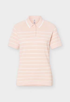 Lys rosa kortermet poloshirt med hvite horisontale striper og tre knapper på kragen.